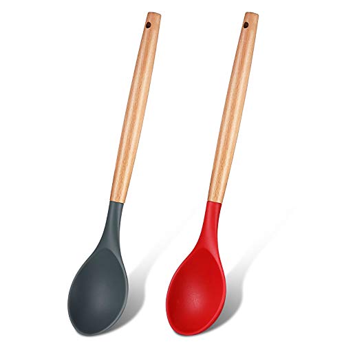 Silicone Cooking Spoons with Wooden Handle - Red & Gray, 12.4"