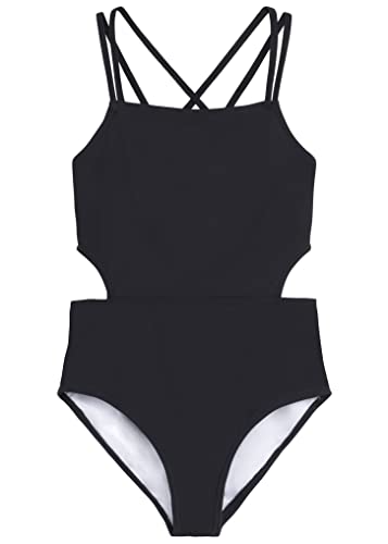 Girls' Sport Cut-Out One Piece Swimsuit - Solid Black