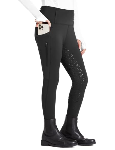 High Waist Equestrian Breeches for Girls - Silicone Grip, 3 Pockets, Medium/Black