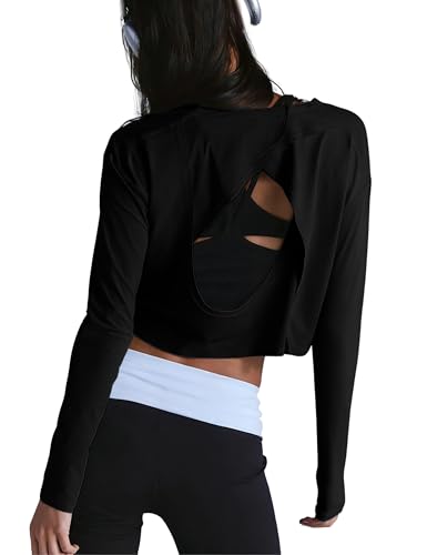Open Back Long Sleeve Workout Tops for Women - Black, Small