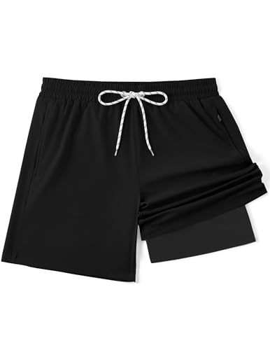 COOFANDY Men's 7-inch Black Swim Trunks with Compression Liner & Zipper Pockets - Large