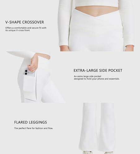 Girls Flare Leggings - Seamless Ribbed Yoga Pants with Cross High Waist - White, 13-14 Years