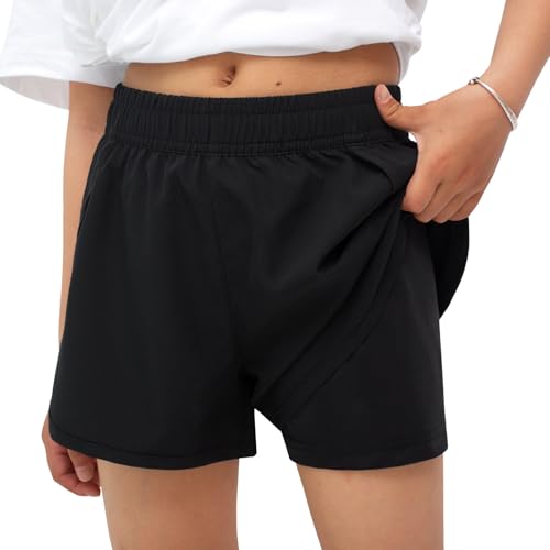 MEILONGER Girls 2-in-1 Swim Shorts Bathing Suit Black 10-12 Kids Quick Dry Boardshorts