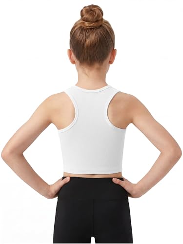 Girls Athletic Ribbed Tank Top - Sleeveless Crop Top for Yoga - White 9-10Y