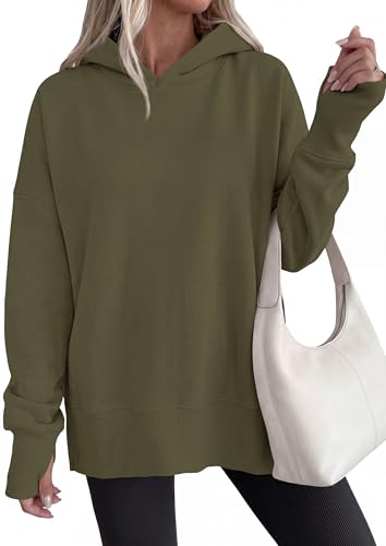 PrettyGarden Women's Oversized Hoodies with Side Slits - Army Green, Medium