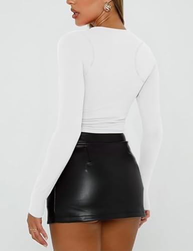 Vivitulip Women's White Small Long Sleeve Crop Top with Ruched Fitted Design & Thumb Holes