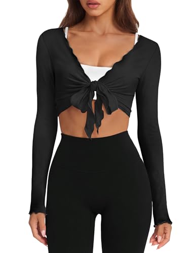 NIASHOT Women's Pilates Workout Long Sleeve Wrap Top - Medium Black