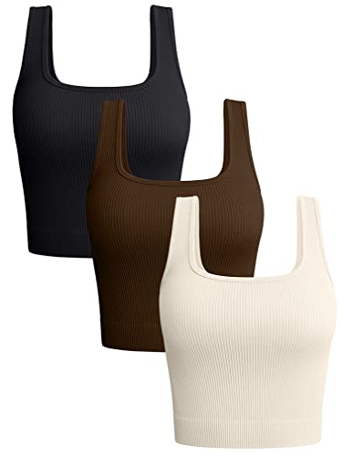 OQQ Women's 3-Piece Ribbed Seamless Workout Tank Tops - Medium Black Coffee Beige, Summer 2025 Basic Camis