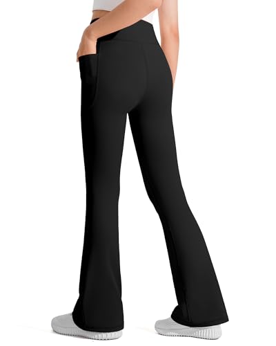 Girls Flare Leggings with Pockets - High Waisted, Soft Stretch - 11-12 Years / Black