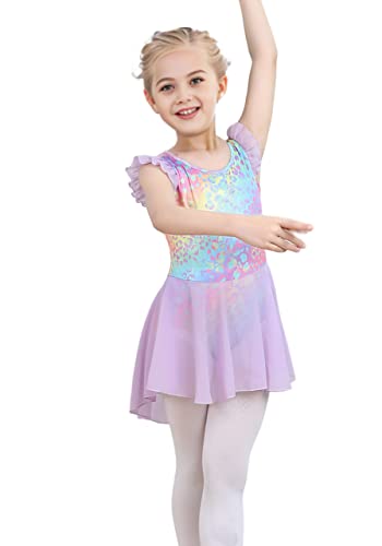 Ruffle Sleeve Tutu Leotard Dress for Girls - Leopard-Purple, 5-6 Years