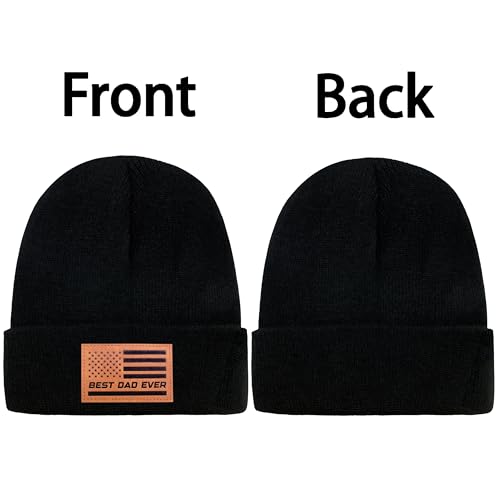 Knit Cuffed Winter Beanie Hat for Dad - Black Leather Patch