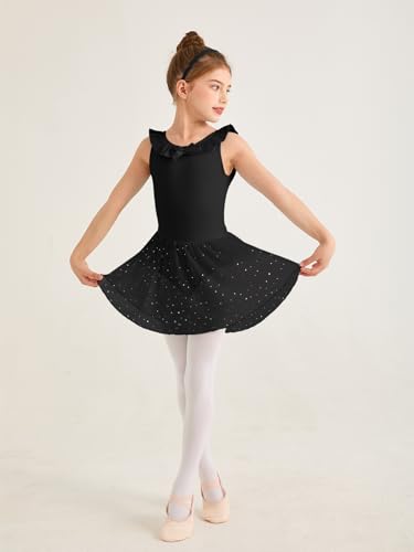 Girls Ballet Leotard with Ruffle Trim & Removable Skirt - Black, 5-6 Years