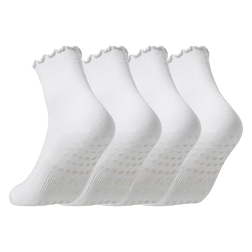 Pilates Socks for Women - Non-Slip Grip Ruffle Crew - 2 Pairs White