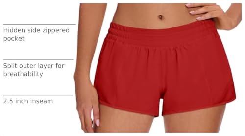 Women's Athletic Running Shorts with Zipper Pocket - Red / Medium - Lightweight Gym Workout with Mesh Liner, Quick Dry