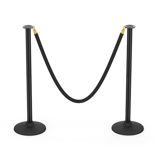 BATTIFE Plastic Stanchion Posts with Black Velvet Ropes and Weighted Rubber-Plastic Base, Crowd Control and Queue Management Barrier Poles for Party, Event, Red Carpet (2 Pack)