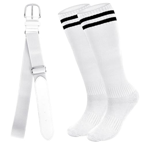 Elastic Baseball Socks and Belt Combo Set - Large, White with Black