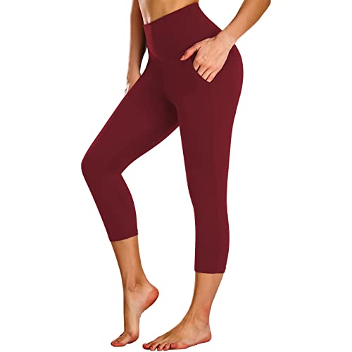 High Waisted Capri Leggings for Women with Pockets - Wine Red, Large-X-Large