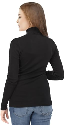 Slim Fit Turtleneck Top for Women - Soft Cotton Blend - Medium Black