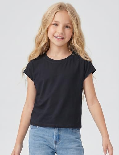 Girls Crop Top Batwing Short Sleeve Athletic T-Shirt - Black, 8-9 Years