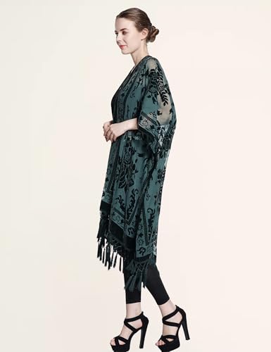 BohemyanRace Women's Burnout Velvet Kimono Cardigan Dark Green - Long Coverup with Tassels