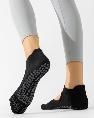 Yawlsow 3 Pairs Women Toe Socks with Grips, Non-Slip Yoga & Pilates Socks, One Size, Black (Set of 3)