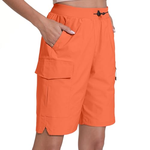 Rrosseyz Women's Hiking Cargo Shorts with Pockets, Quick Dry, 9" Inseam, Large, Orange