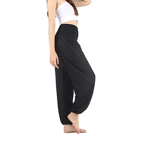 Black Medium Boho 2-Pocket Flowy Harem Yoga Pants for Women