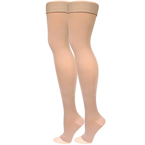 NuVein Beige Medium Support Compression Stockings 15-20 mmHg Thigh Length Open Toe