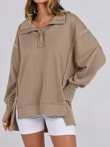 Oversized Henley Sweatshirt for Women - Khaki, Medium