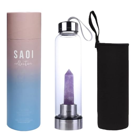 SAOI Amethyst Crystal Water Bottle - Reusable Glass & Stainless Steel Wellness Drinkware
