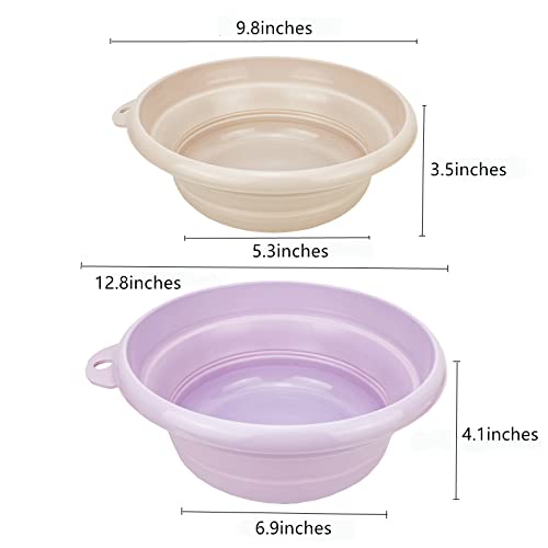 Collapsible Wash Basin Set - 2 Pack Portable Dish Sink for Camping & Home - Khaki & Purple
