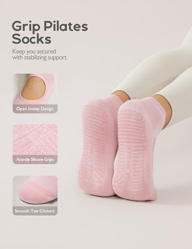 4-Pair Non-Slip Pilates Socks with Grips for Women - Black, Gray, Pink, Purple
