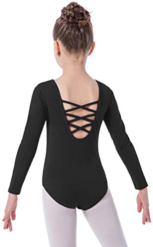 Girls Long Sleeve Ballet Leotard with Crisscross Straps - Black, 10-12 Years