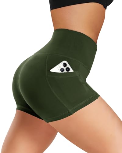 Women's High Waisted Biker Shorts with Pockets - 3 Inch - Army Green