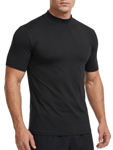 Men Short Sleeve Mock Neck T-Shirt Black Medium - Stretchy Sports Tee