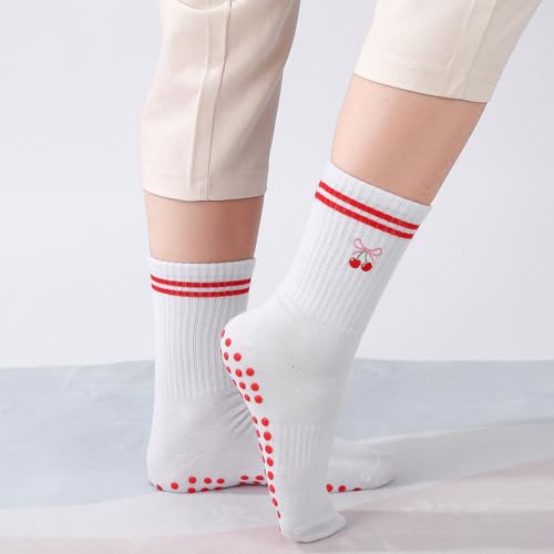 Non-Slip Pilates Yoga Socks for Women with Grips - Red Cherry