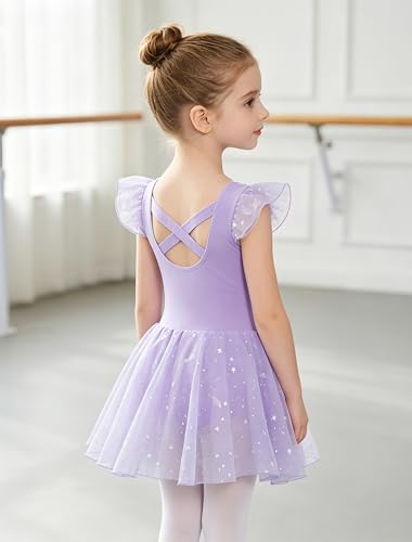 MdnMd 4-6 Years Purple Toddler Ballet Leotard Dress with Criss-Cross Back, Star Skirt