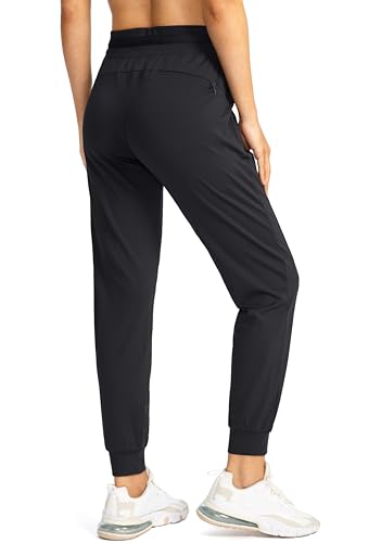 High Waisted Women's Joggers with Zipper Pockets - Medium Black