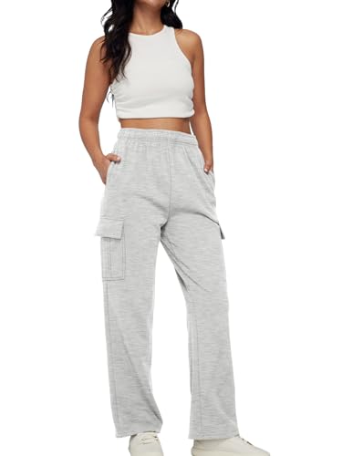 Automet Womens Grey Cargo Sweatpants - High Waisted Baggy Fit, Medium