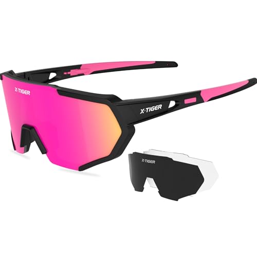 Polarized Sports Sunglasses with 5 Interchangeable Lenses - Blackpink-3lens