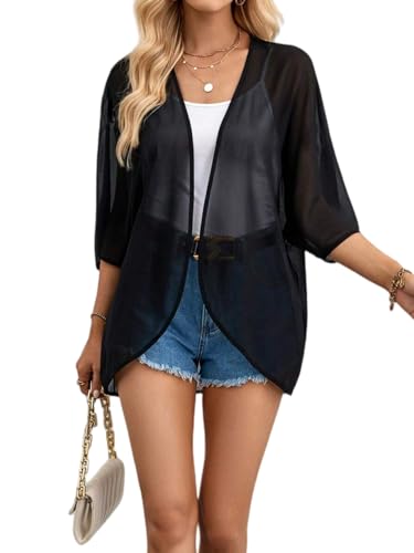 Women's Chiffon Kimono Cardigan Sheer Beach Cover Up - Black, Small