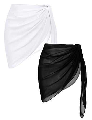 Chiffon Beach Wrap Skirt Coverups - 2 Pcs Set - Black/White, Medium