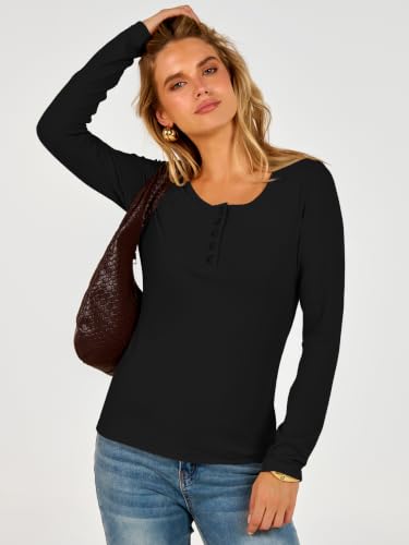 ANRABESS Women's Thermal Henley Long Sleeve Fleece Shirt - Medium Black
