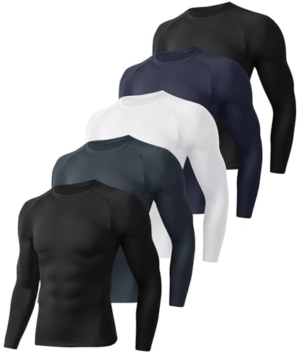 5 Pack Long Sleeve Compression Shirts for Men - Black Quick Dry