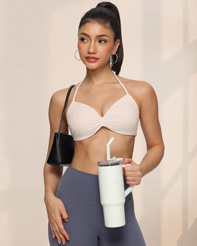 SPVISE Women's Medium Mojave Tan Halter Sports Bra - Adjustable Strappy Activewear Top