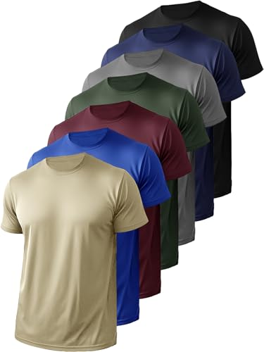 Yafanqi 7-Pack Men's Quick Dry Athletic T-Shirts - Black, Wine, Gray, Navy, Olive, Khaki, Blue, Large