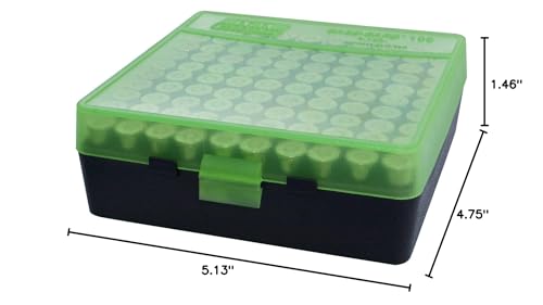 100 Round Ammo Box for 9mm & 380 ACP - Flip-Top Storage Case - Clear Green/Black