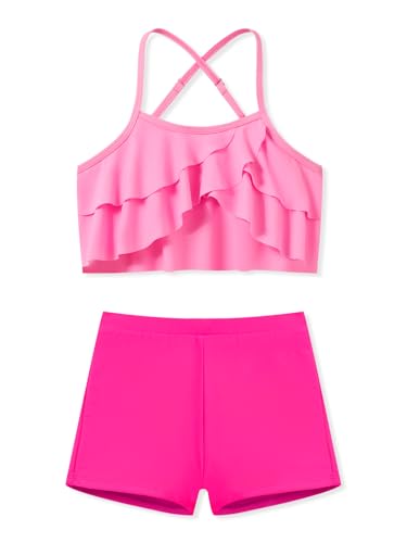 Girl's Adjustable Ruffled Tankini Swimsuit Set - Pink, 13-14 Years