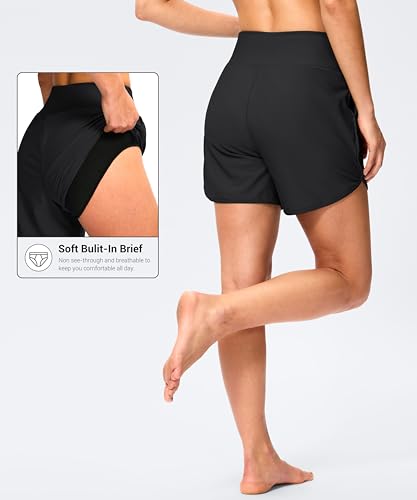 G Gradual Women's 5" High-Waisted Swim Board Shorts with Pockets, Large Black