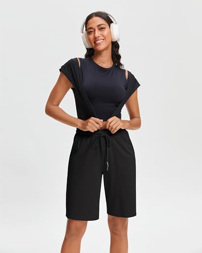 Stelle Women's Cotton Bermuda Shorts 10" Sweat Shorts with Deep Pockets - Black, Large